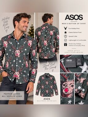 ASOS Men’s Red Nosed Reindeer Christmas Button Up Shirt Size Medium